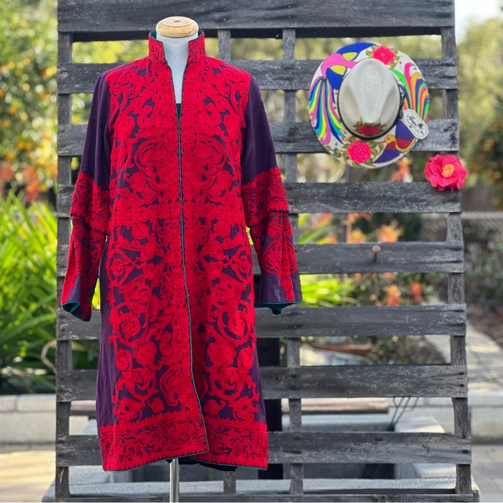 Women's Red Embroidered Long Jacket Coat